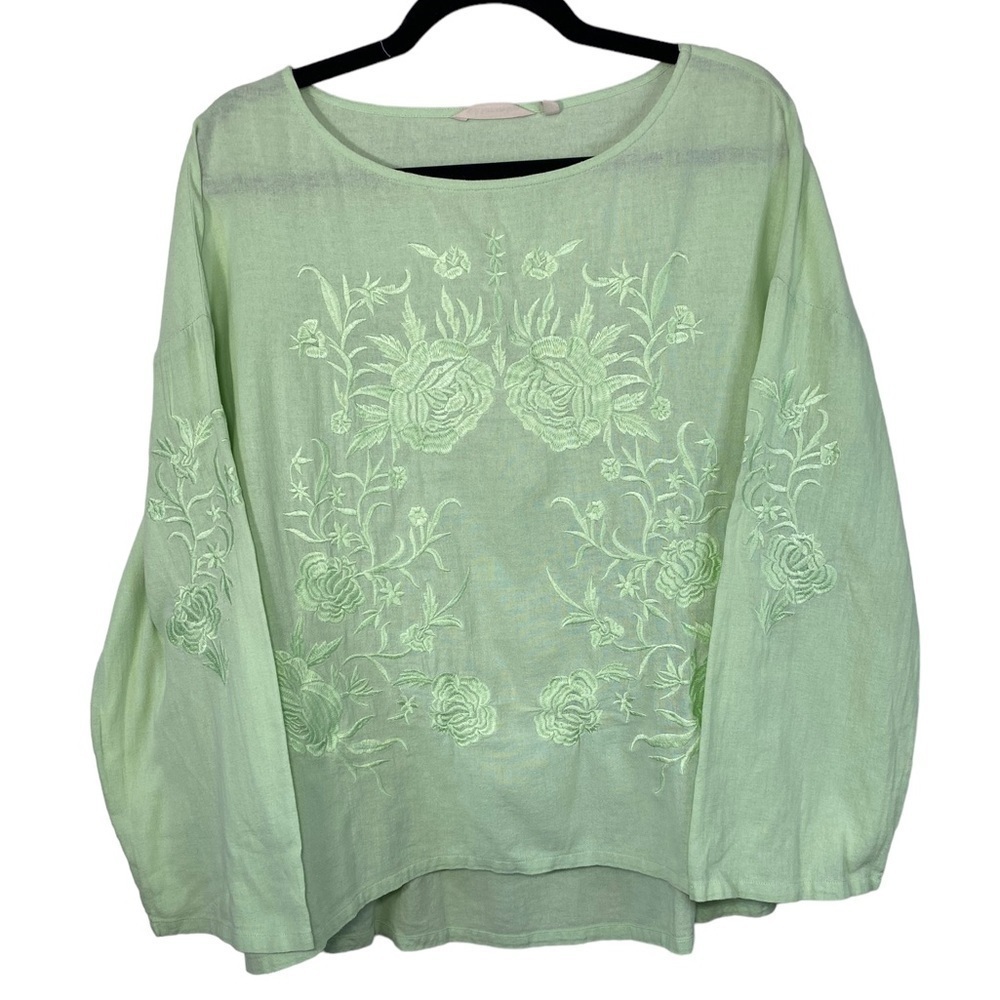 Soft Surroundings Green Embroidered Blouse Size Small